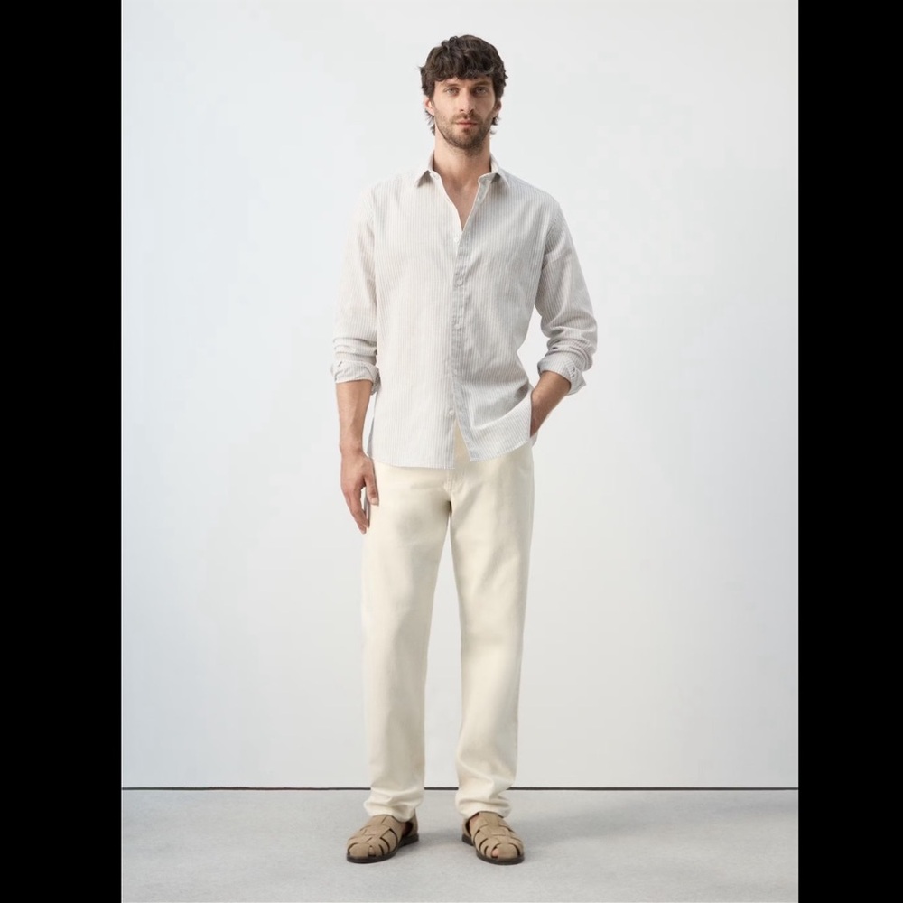 NWT MANGO Regular Fit Linen Cotton Blend Shirt in Sand